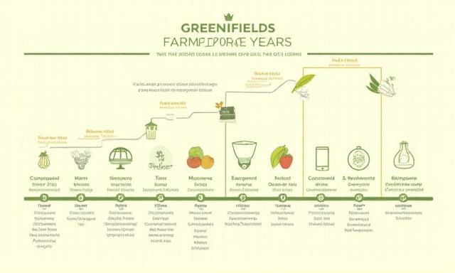 Timeline visual showing milestones of Greenfields Farm Store growth over the years