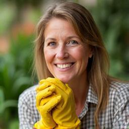 Jane Smith smiling farm store manager with gardening gloves