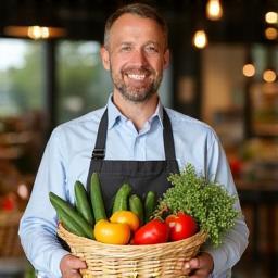 Tom Harris, customer service expert, holding fresh produce basket