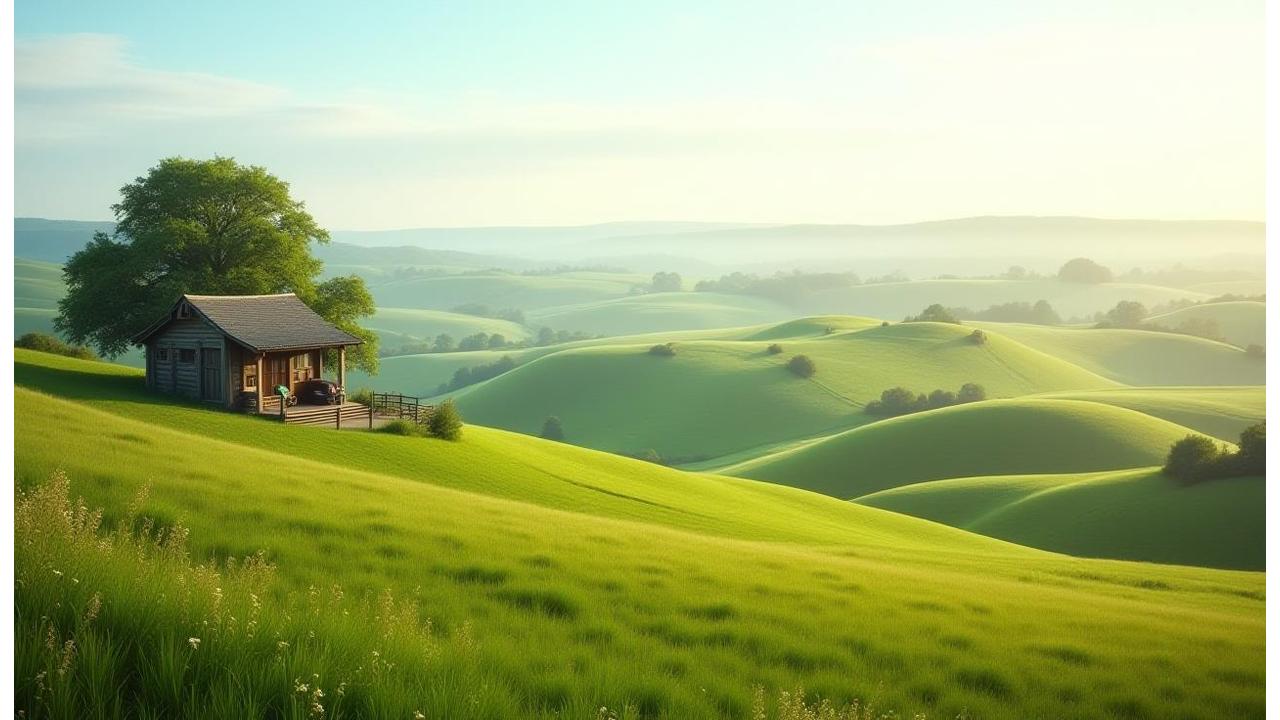 Lush Yorkshire countryside with rolling green hills and a rustic farm stand