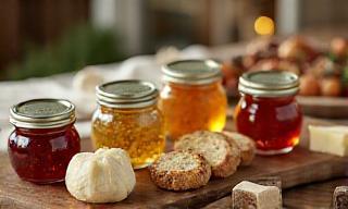 Assortment of local artisan food products including jams, cheeses, and baked goods