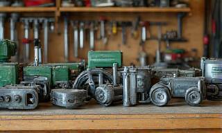 Various agricultural equipment parts and tools neatly arranged on a workshop bench