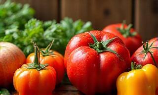 Fresh seasonal fruits and vegetables on a rustic wooden table