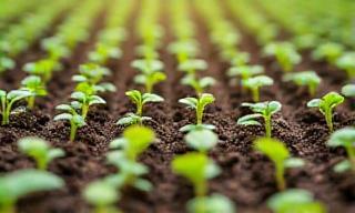 Packets of seasonal crop seeds arranged in neat rows with small plants growing