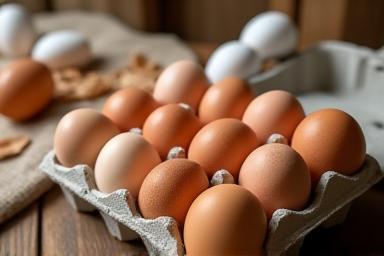 Carton of fresh free-range eggs on a rustic wooden surface