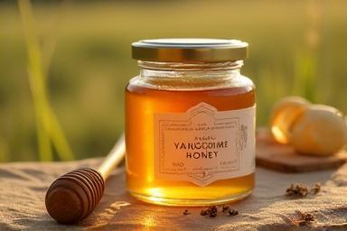 Jar of handcrafted Yorkshire wildflower honey with wooden honey dipper